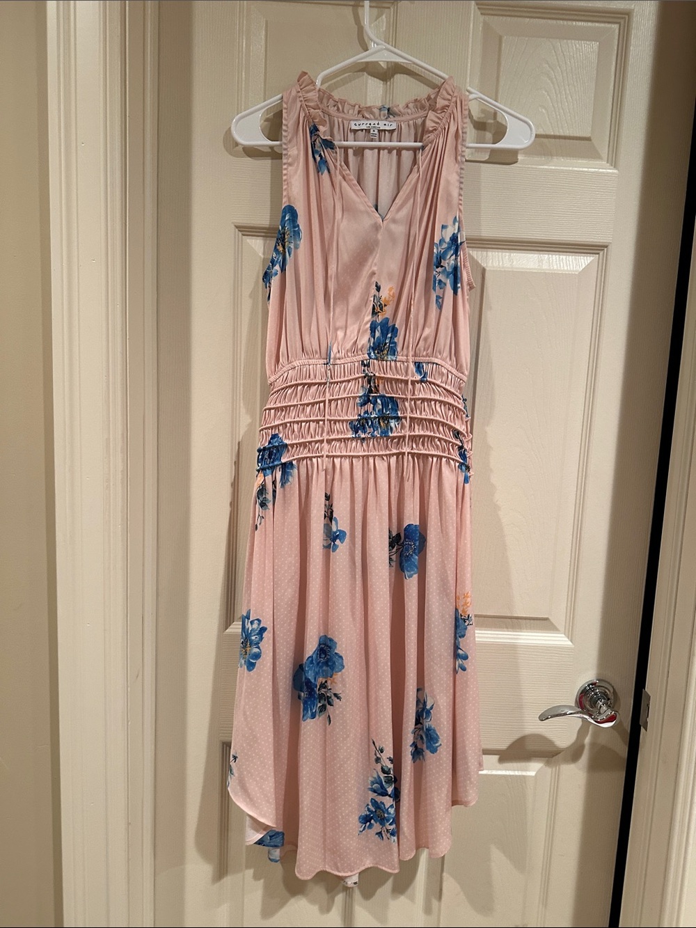 Current Air Blush Pink Sleeveless High-Low Dress with Blue Floral Print